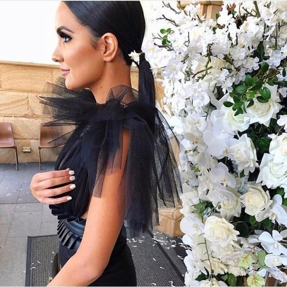 JUST DROPPED #28 Ruffled Mesh Shoulder Black Bodycon Dress XS S - Picture 4 of 8